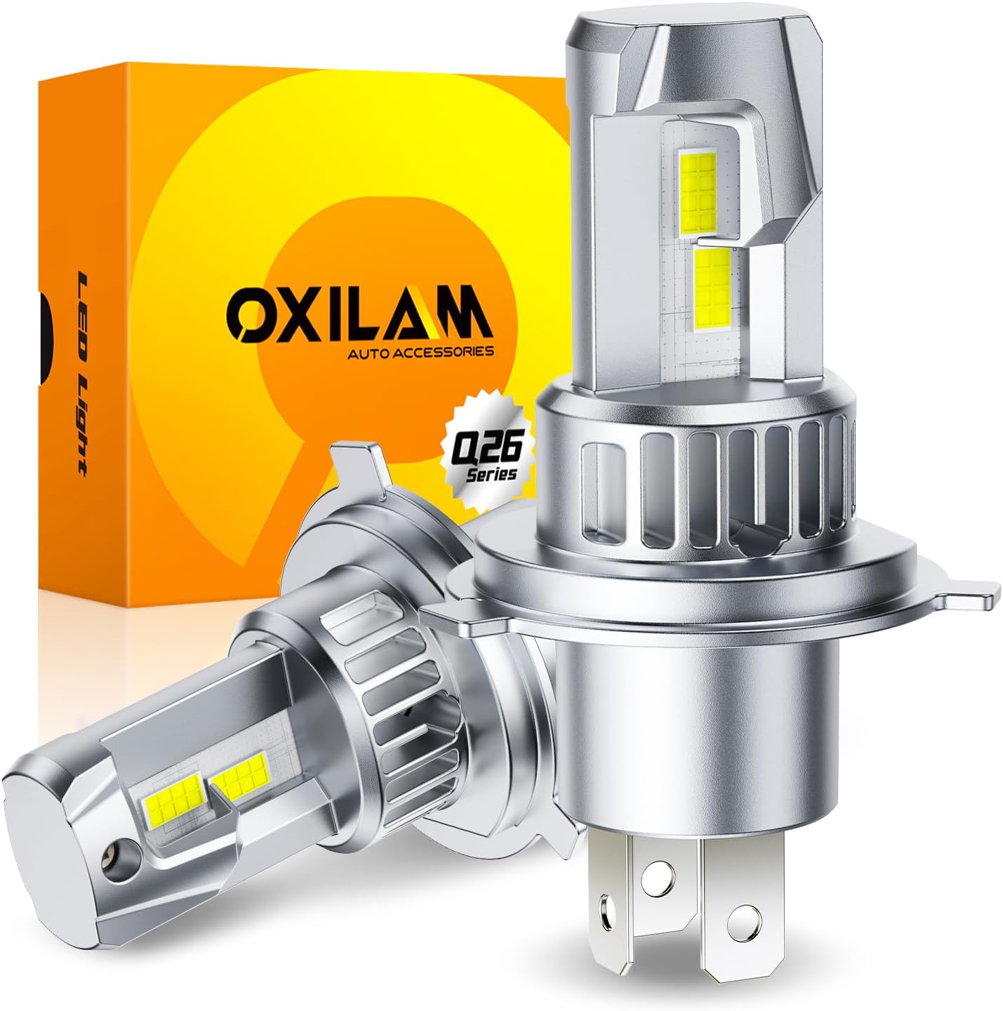 Oxilam H4 9003 LED Headlight Bulbs front view showing the premium silver aviation aluminum body and double-sided CSP chips.
