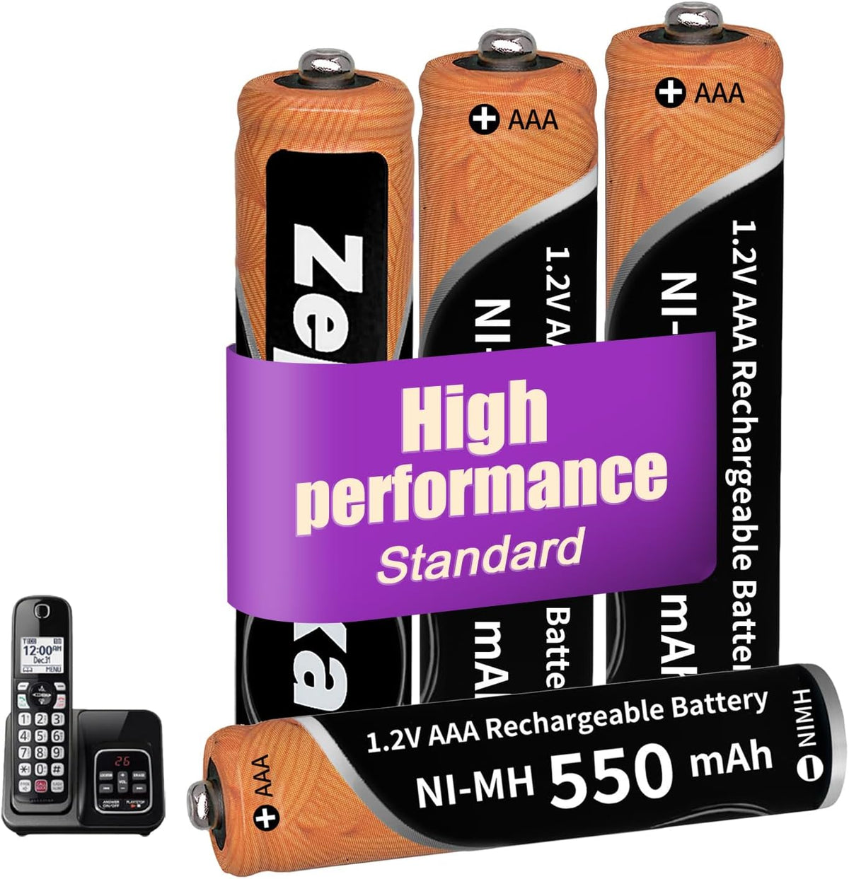 Zephnixa 4 Pack Ni-MH AAA Rechargeable Batteries front view showing the 550mAh 1.2V capacity labels.