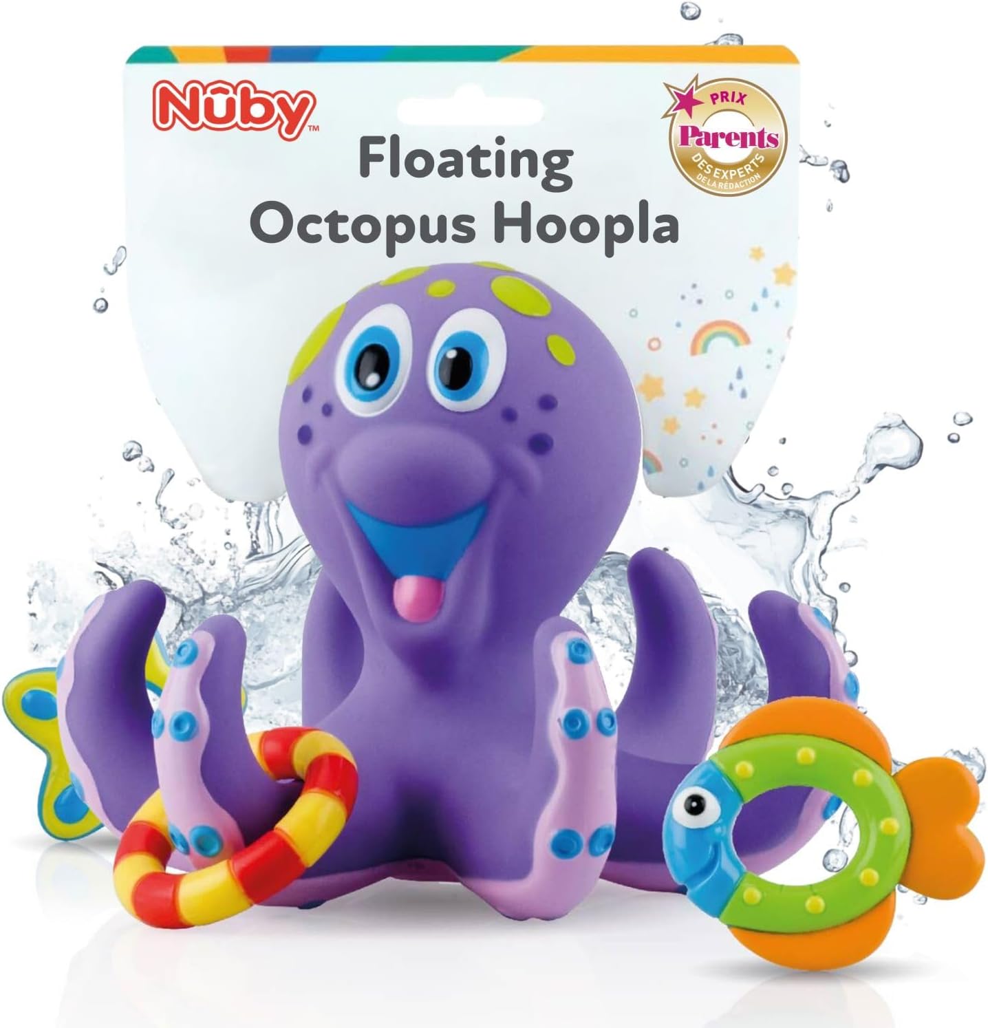 Nuby floating purple octopus bath toy with three stacking rings front view
