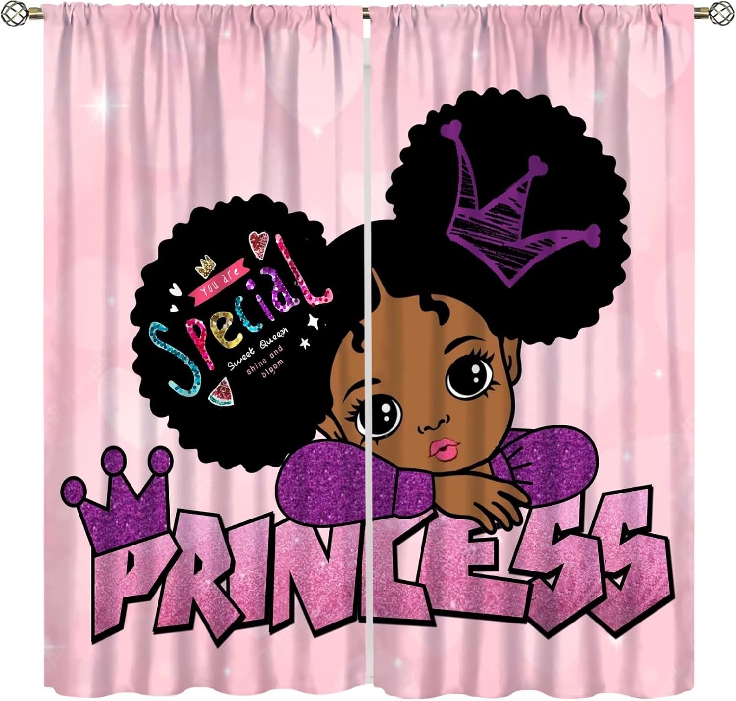 SXXLDNG African Black Girl Kids Curtains front view showing the full pink princess ballerina design.