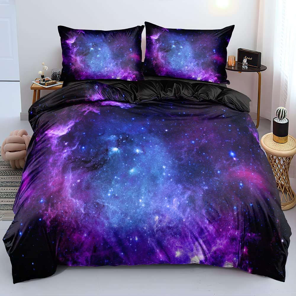 Holiyjog Galaxy Duvet Cover Space Bedding Set front view featuring a purple and blue 3D outer space nebula print spread across a queen size bed.
