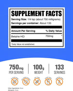 BulkSupplements Betaine Hydrochloride 100 grams supplement packaging back details
