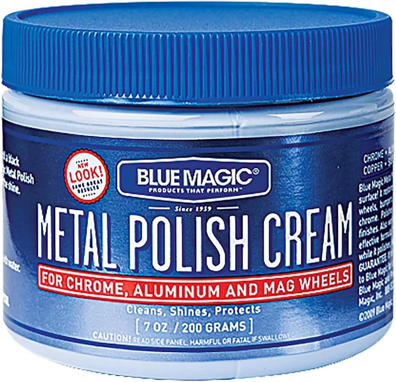 Blue Magic 400 Metal Polish Cream front view 7 ounce jar for chrome restoration.