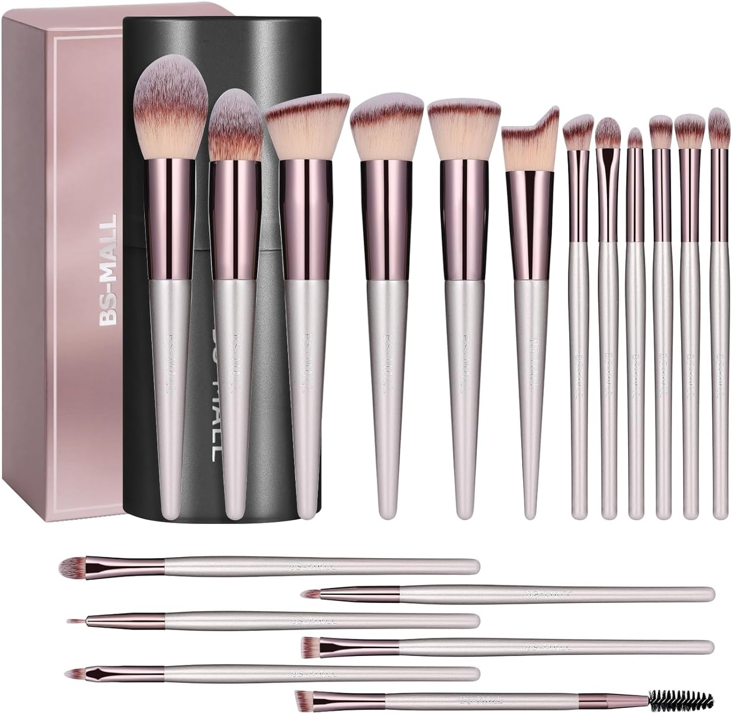 BS-MALL 18 Piece Makeup Brush Set front view showing champagne gold brushes arranged neatly inside the black case