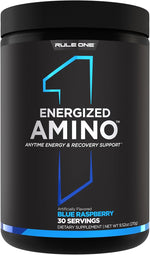 Rule 1 Energized Amino Blue Raspberry front view supplement tub