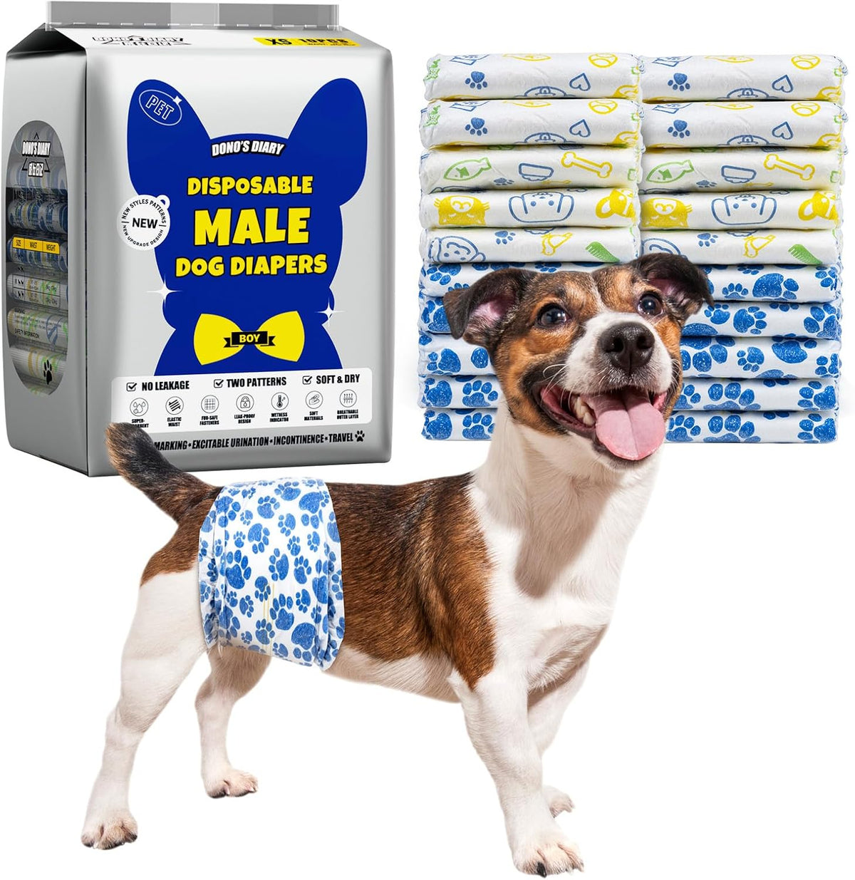 Dono male dog belly bands laid out flat showing the soft fabric and elastic waistband structure