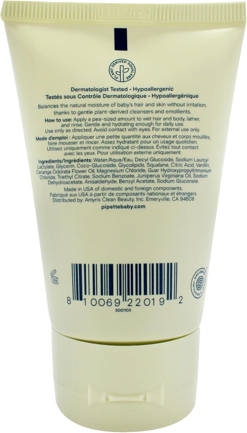 Pipette baby wash squeeze tube showing vanilla and ylang ylang scent details.