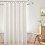 KOUFALL farmhouse shower curtain front view showing cream beige linen fabric texture in a modern bathroom.