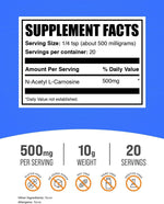 BulkSupplements N-Acetyl L-Carnosine 500mg nutritional facts and cGMP quality clean formula label.