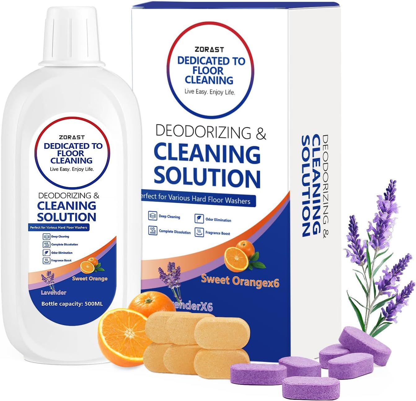 Zorast floor cleaning solution front view with bottle and tablets