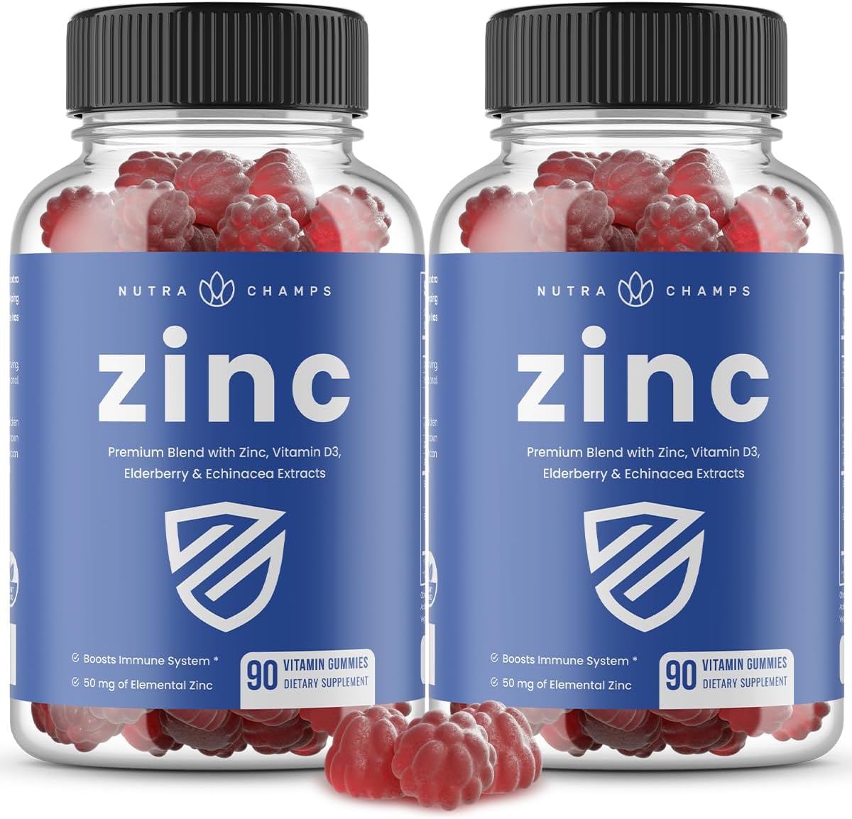 NutraChamps 4-in-1 Zinc Gummies 180 count front view of the two pack bottles for adult immune support.