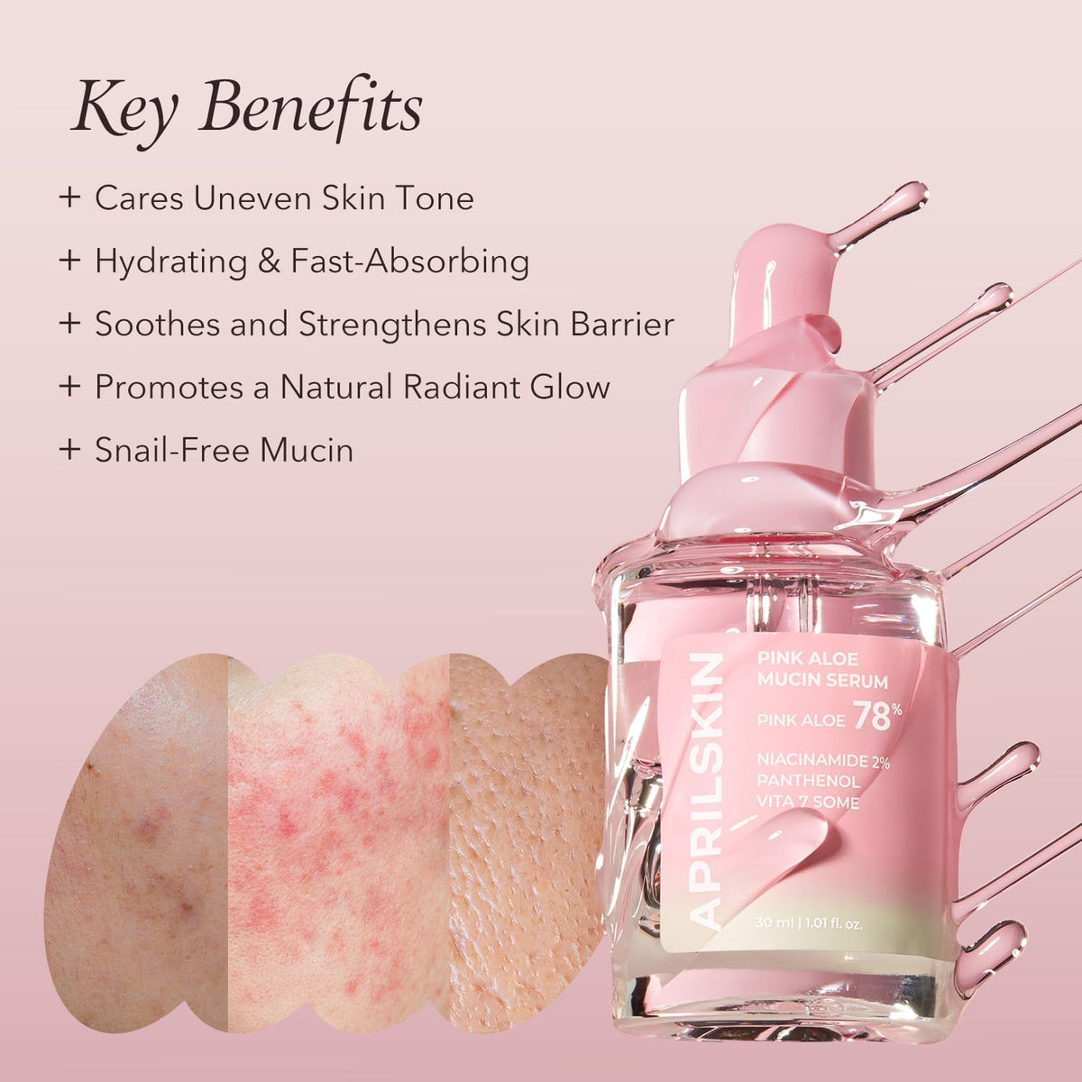 Hydrating face serum with seventy-eight percent Jeju pink aloe for intense skin barrier repair.