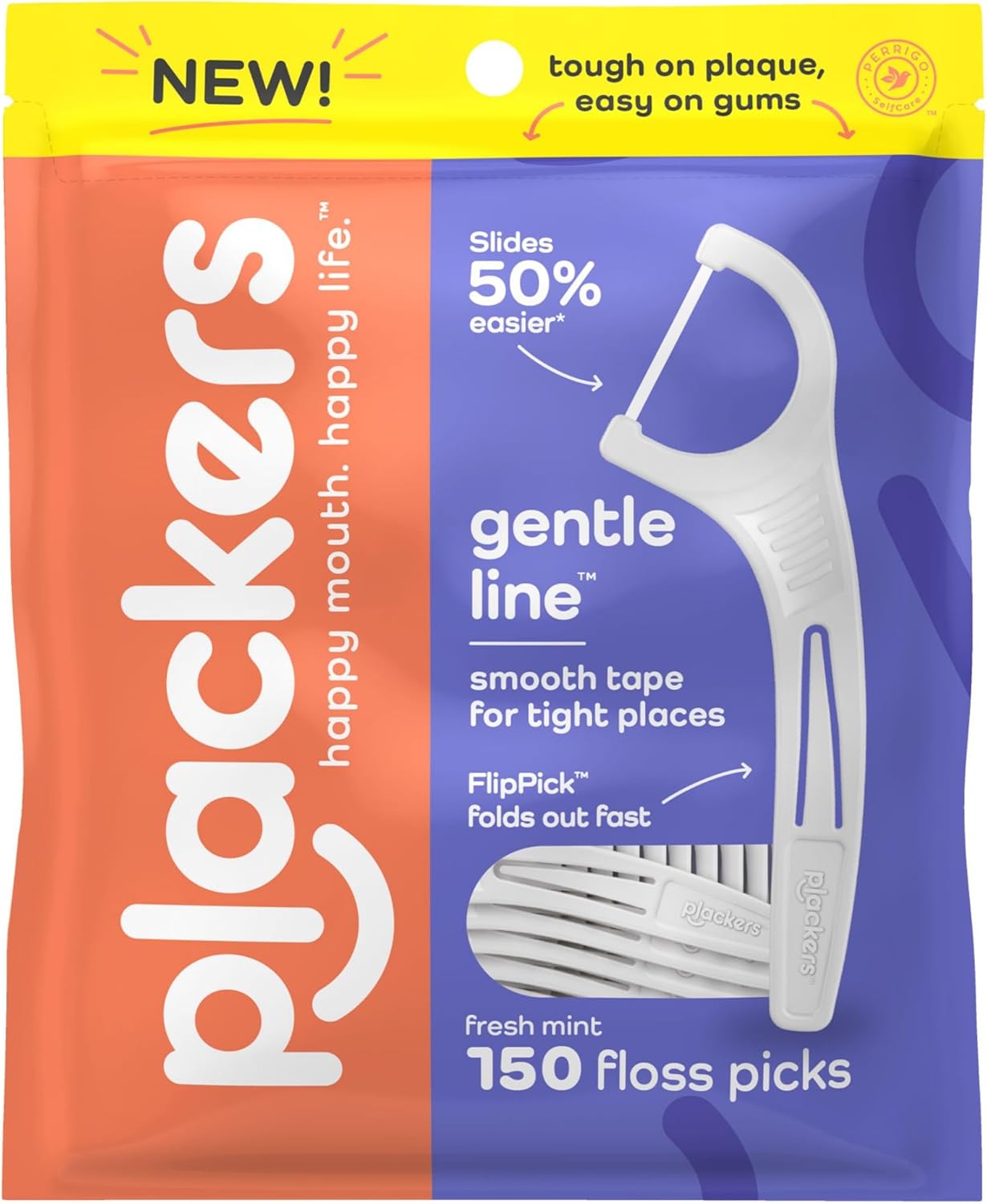 Plackers Gentle Line Floss Picks, Fresh Mint Flavor, Fold-Out FlipPick, QuickFix Grip, Easy Storage with Sure-Zip Seal, 150 Count - Image 1