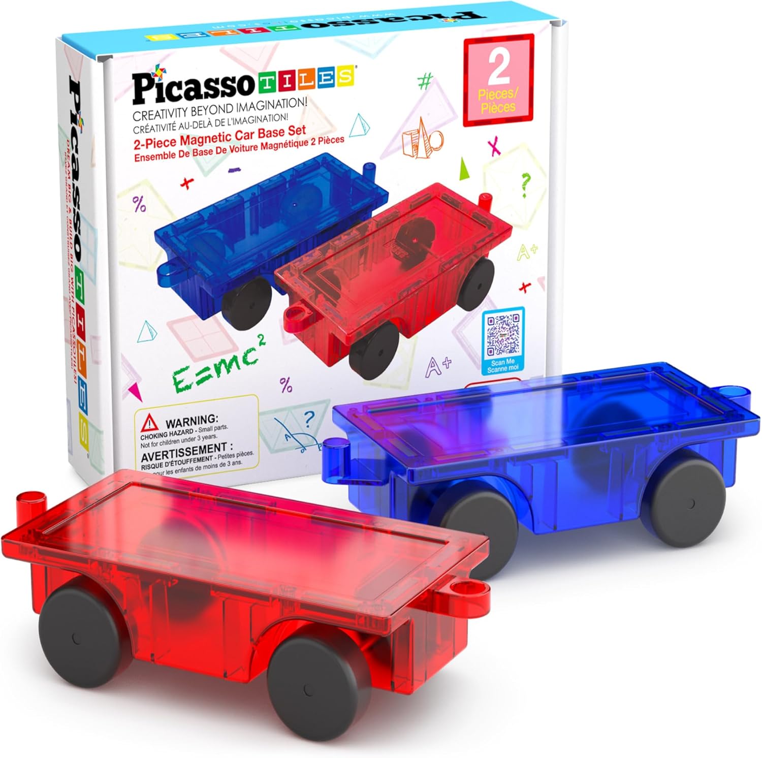 PicassoTiles 2 Piece Car Truck Magnetic Toy Set front view showing red and blue chassis bases.