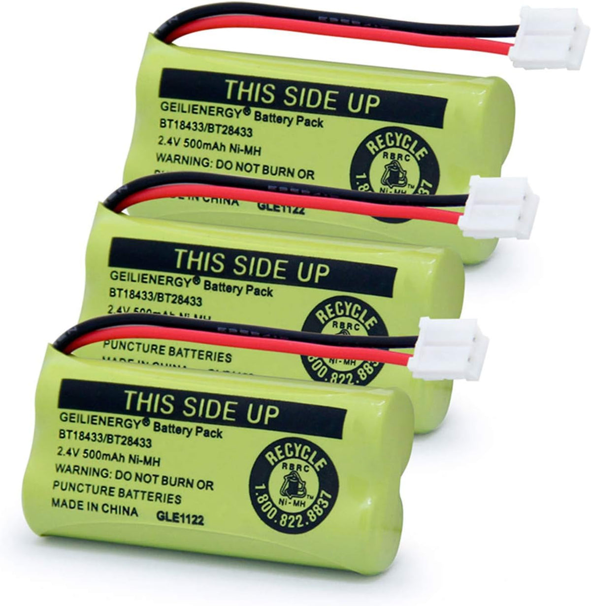 GEILIENERGY BT18433 replacement battery pack front view showing three premium green rechargeable phone batteries.