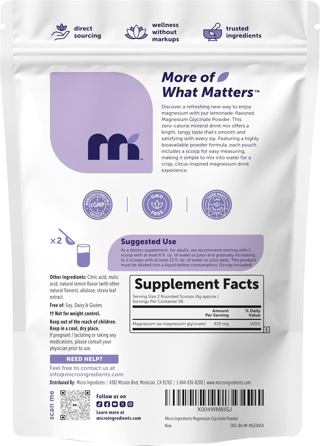 Micro Ingredients lemonade flavor supplement pouch back label