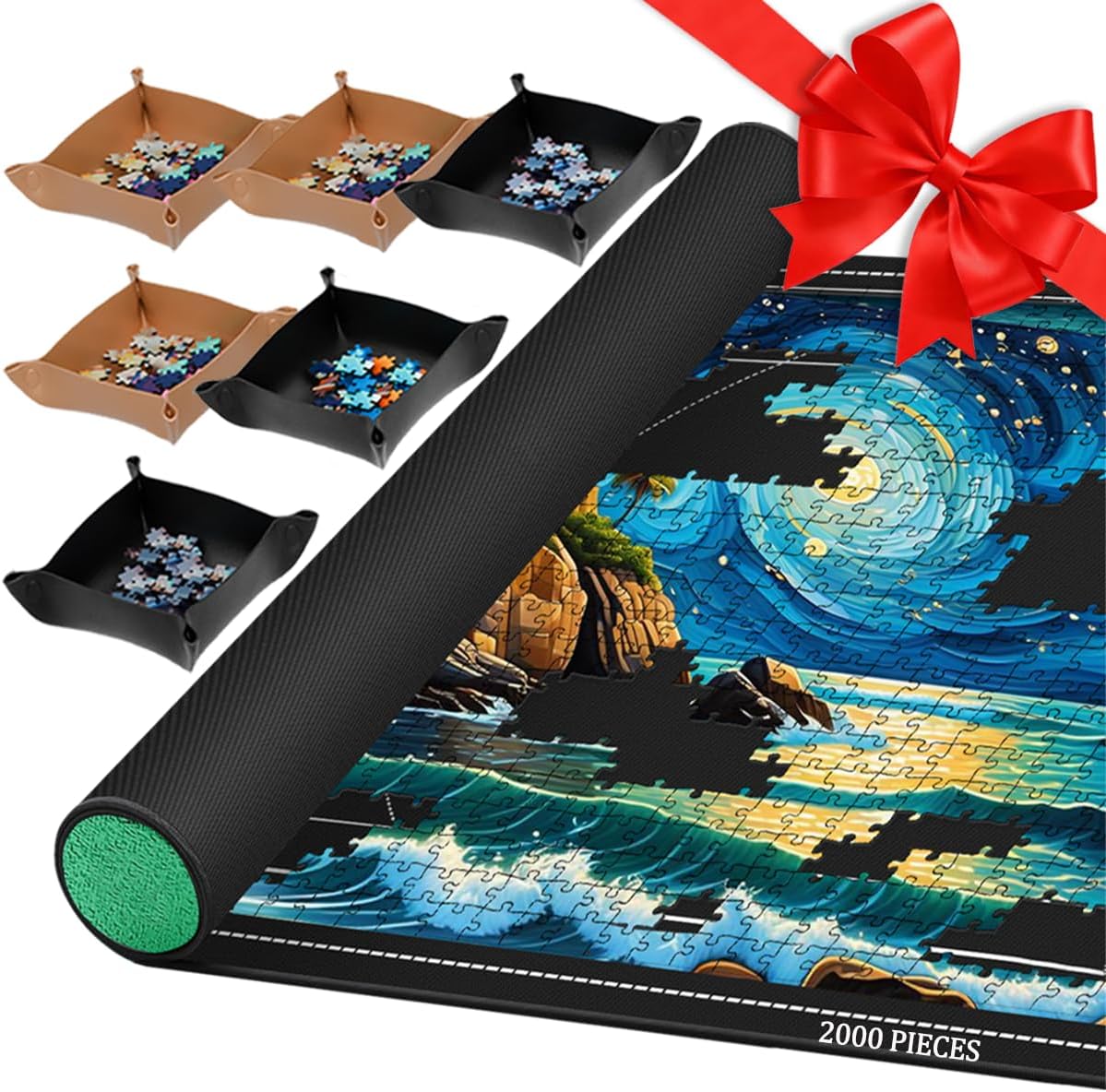 Pohxev jigsaw puzzle mat roll up front view unrolled on a wooden table with puzzle pieces sorted in trays.