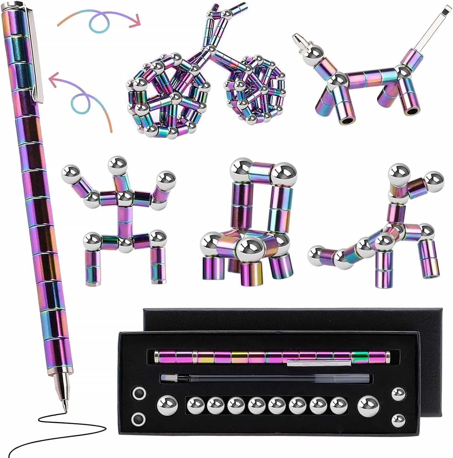 YYMHMF magnetic fidget pen front view showcasing the rainbow color modular design.