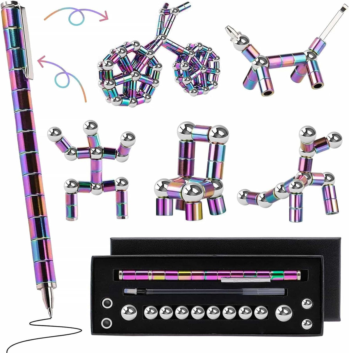 YYMHMF magnetic fidget pen front view showcasing the rainbow color modular design.