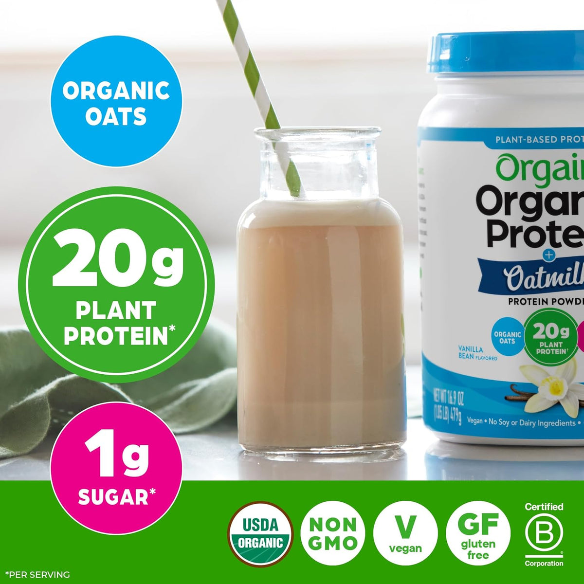 Orgain imported organic vegan vanilla protein powder ingredients list view