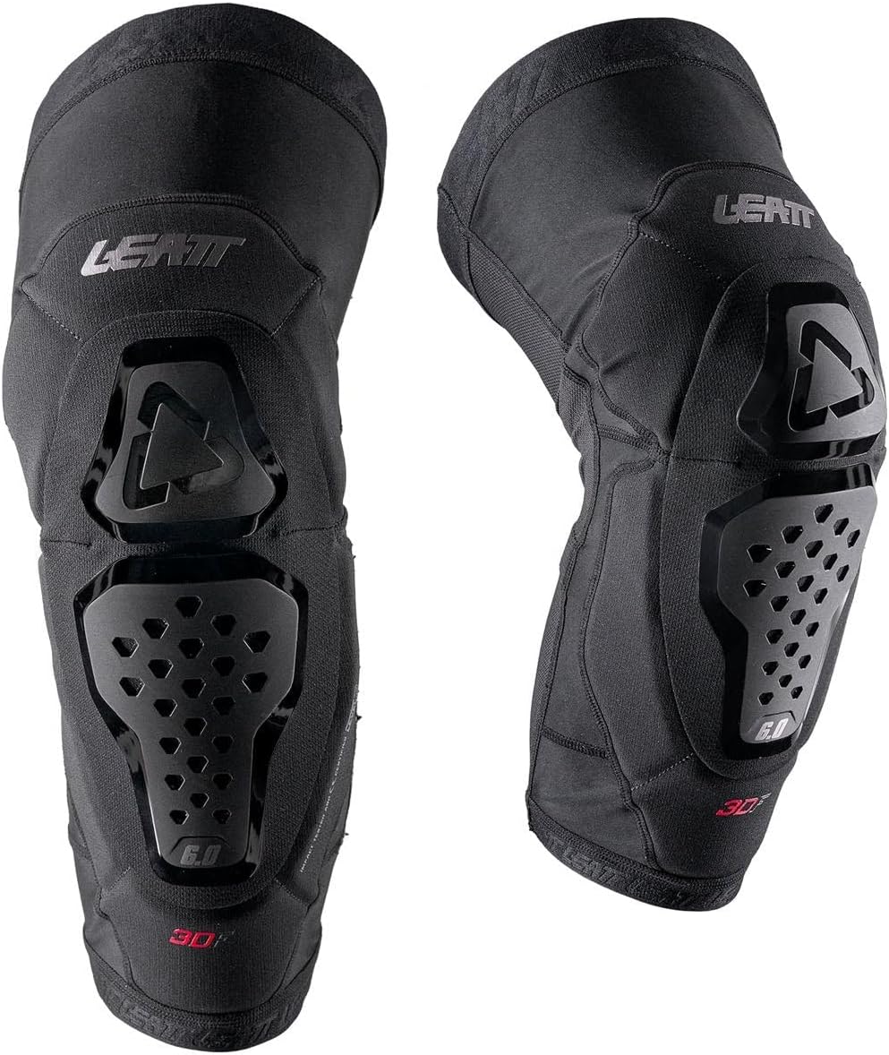 Leatt Knee Guard 6.0 Evo X-Large front view showcasing the black hard shell sliders and soft impact foam panels.