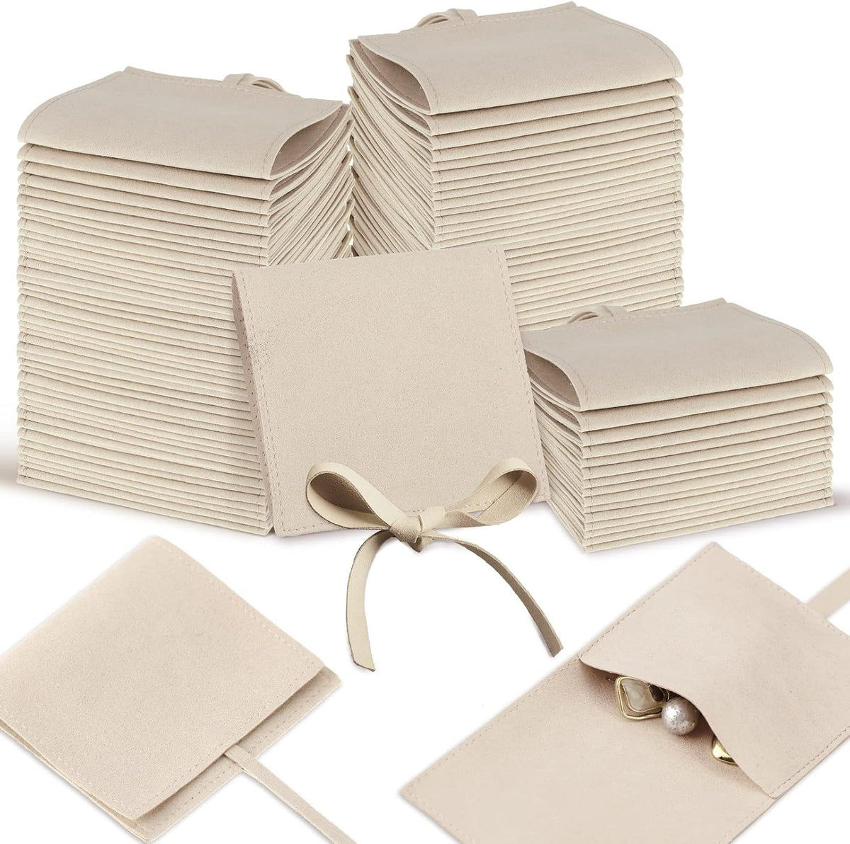 Sotiff microfiber jewelry pouch front view showing khaki color and bow tie closure.