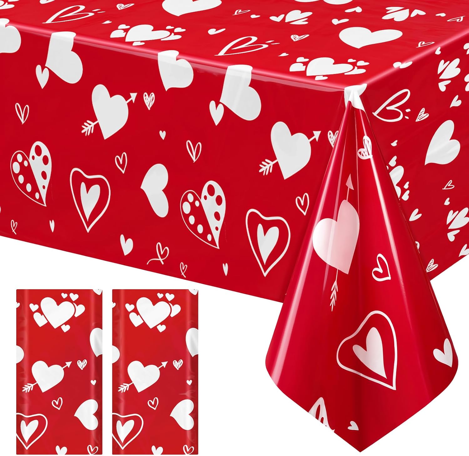 Just Shimmer red heart disposable tablecloth front view