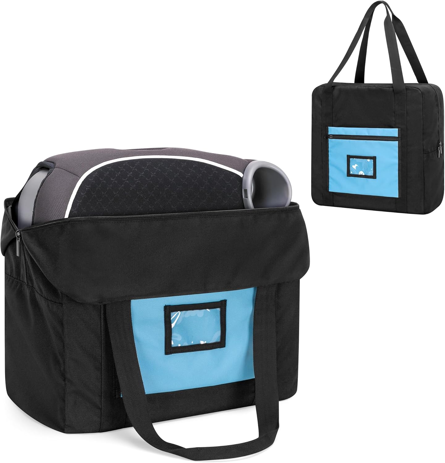 Teamoy infant booster seat travel bag front view in black nylon with blue pocket detailing.