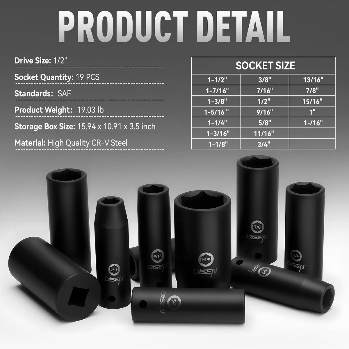 DISEN 19 piece deep socket set layout