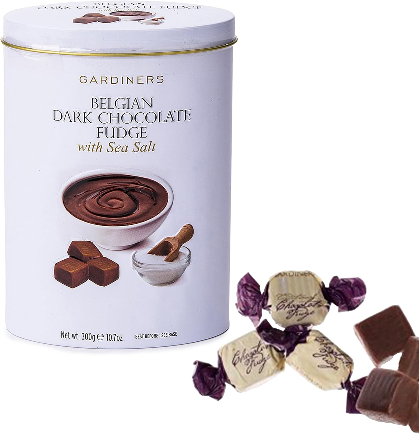 Gardiners of Scotland Handmade Belgian Dark Chocolate and Sea Salt Fudge tin front view showing premium imported luxury confectionery.