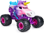 Monster Jam Sparkle Smash 1 24 scale side profile with pink and purple graphics.