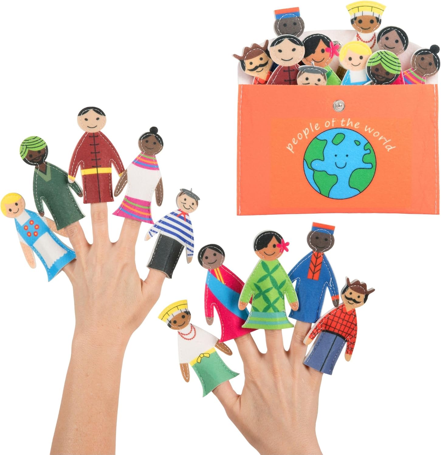Jeanie Bean People of the World finger puppets front view of ten diverse felt characters