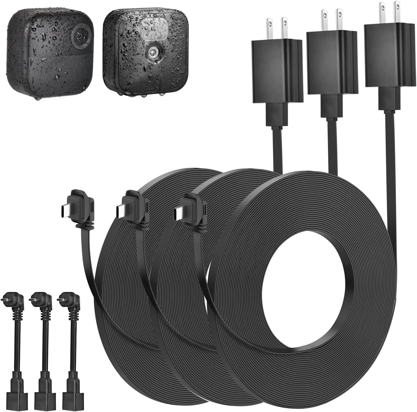 Delilyn weatherproof power cable for Blink Outdoor 4 camera front view showing three count packaging.