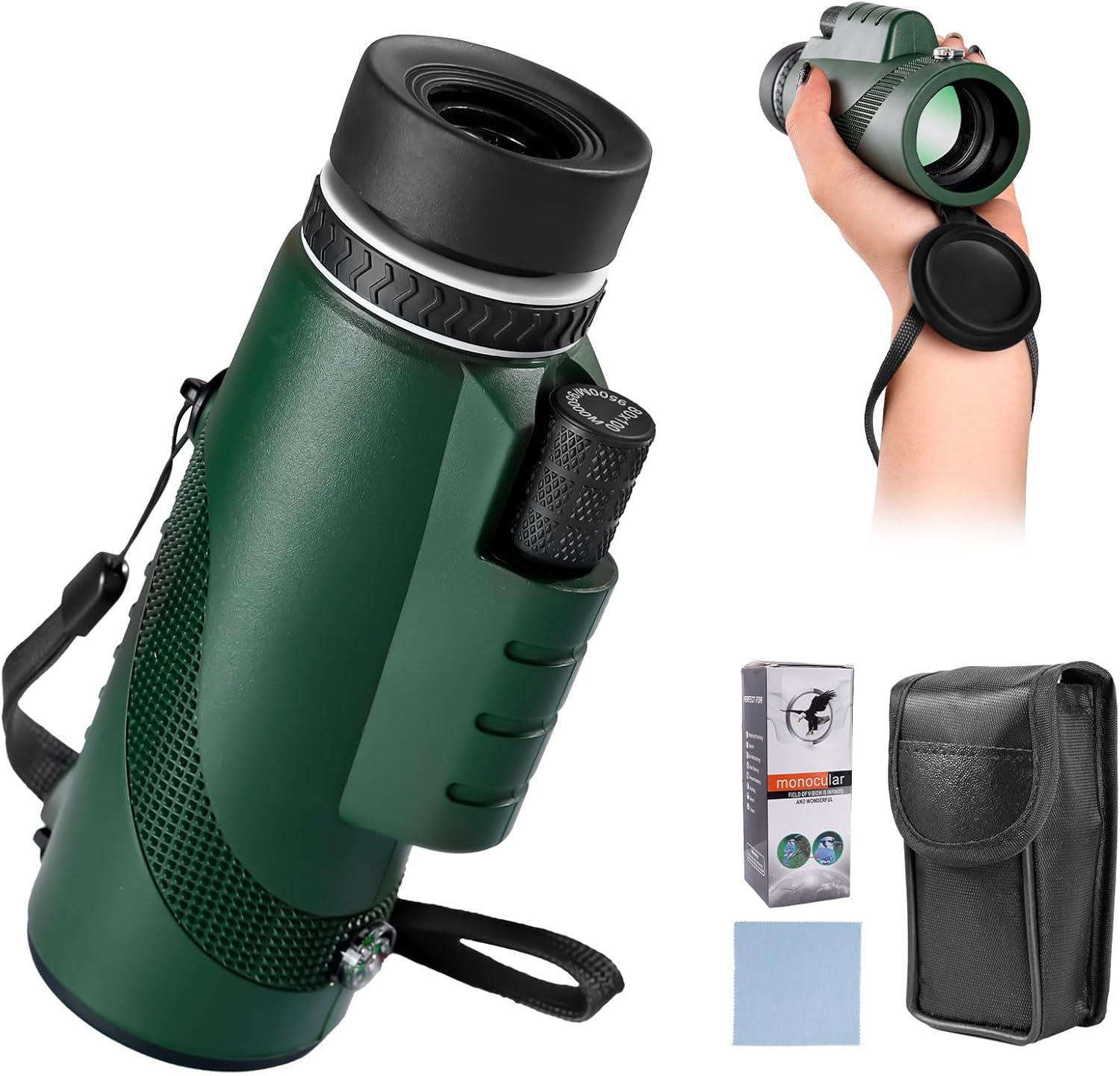 Generic high powered monocular telescope front view showing the forty-two millimeter objective lens in dark green color.