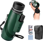 Generic high powered monocular telescope front view showing the forty-two millimeter objective lens in dark green color.