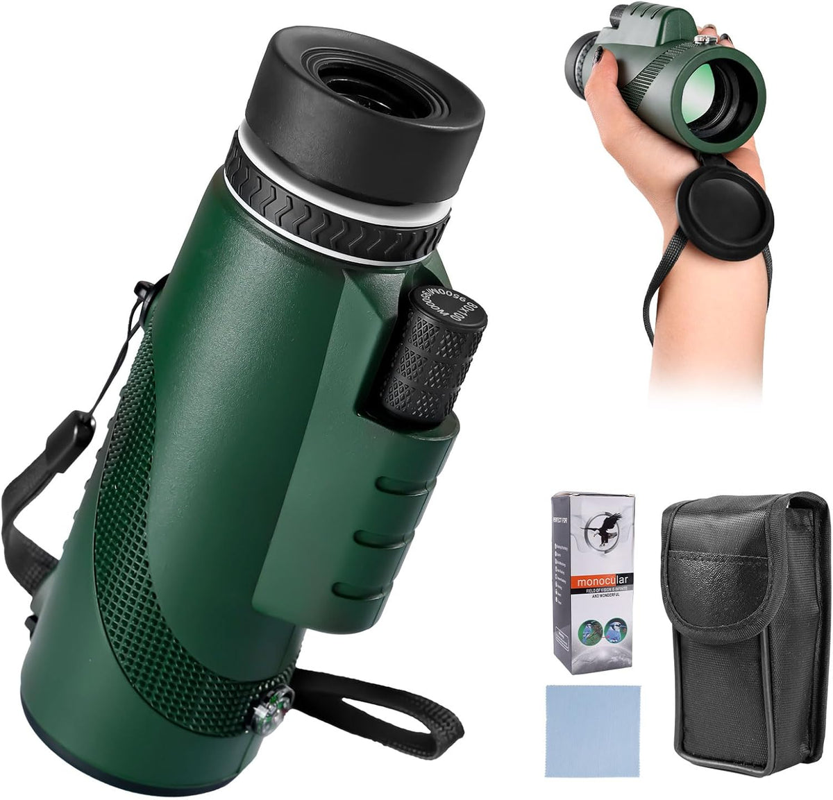 Generic high powered monocular telescope front view showing the forty-two millimeter objective lens in dark green color.