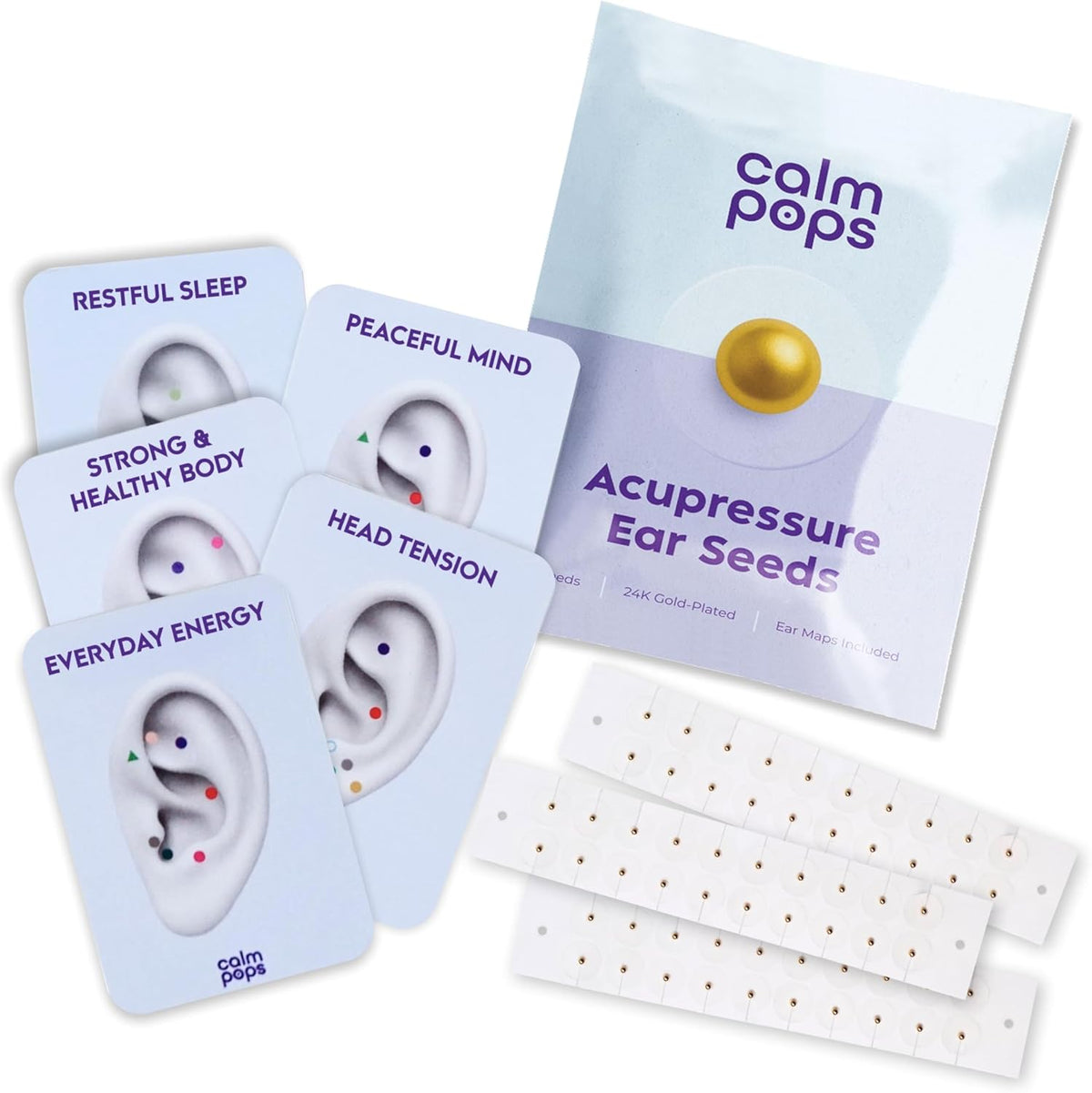 CalmPops Acupressure Ear Seeds front view kit with 24K gold stickers.