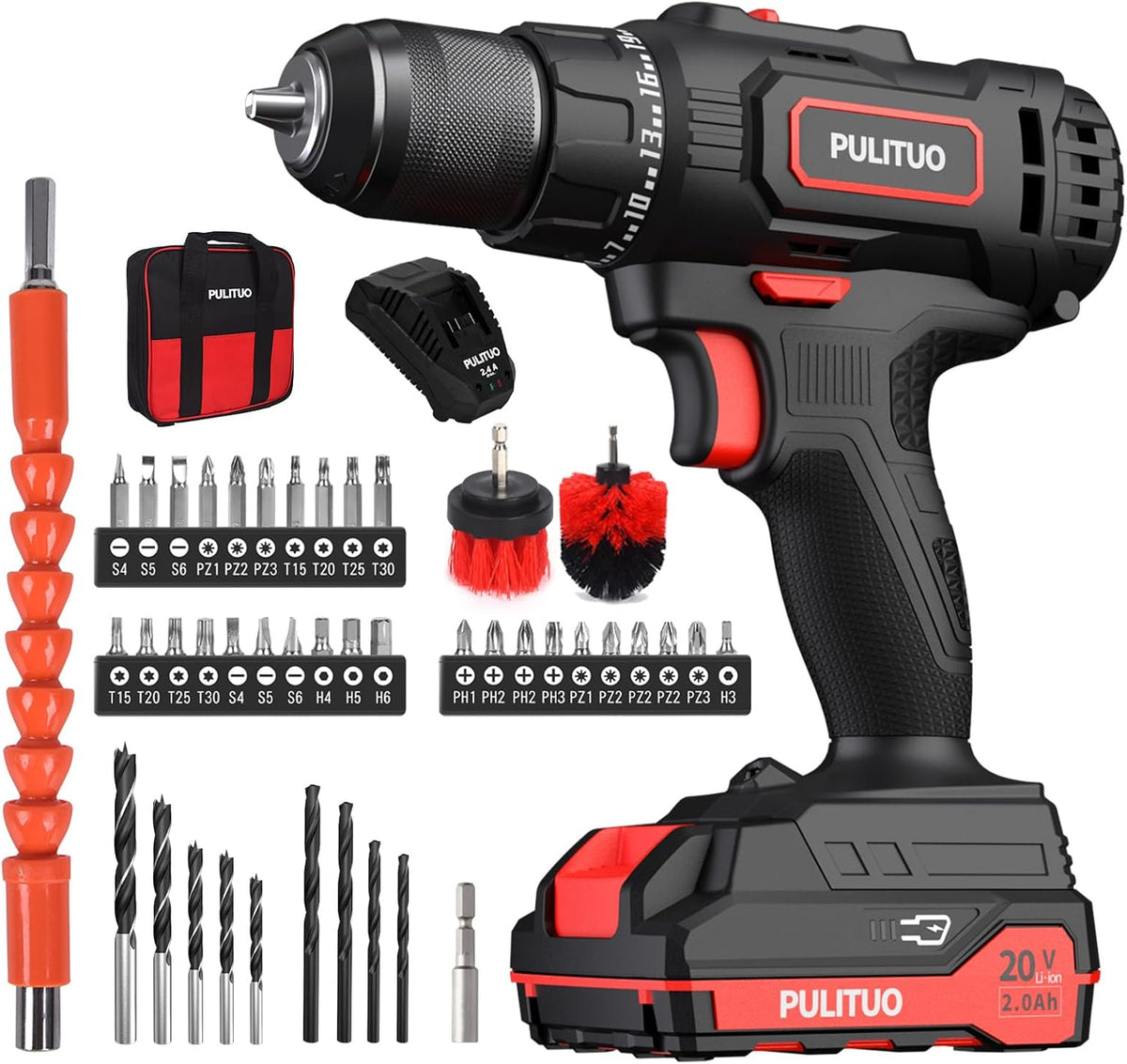 PULITUO'S 20V Cordless Drill/Driver, Electric Screwdriver - 2 Batteries, 30Nm, 21+1 Torque, 2 Speed, Keyless 3/8" Chase Drill with LED Light, Kit for Home (Green) - Image 12