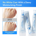 Abib Hyaluron Watery Sunscreen cream being applied to show its lightweight, clear texture with no white cast.