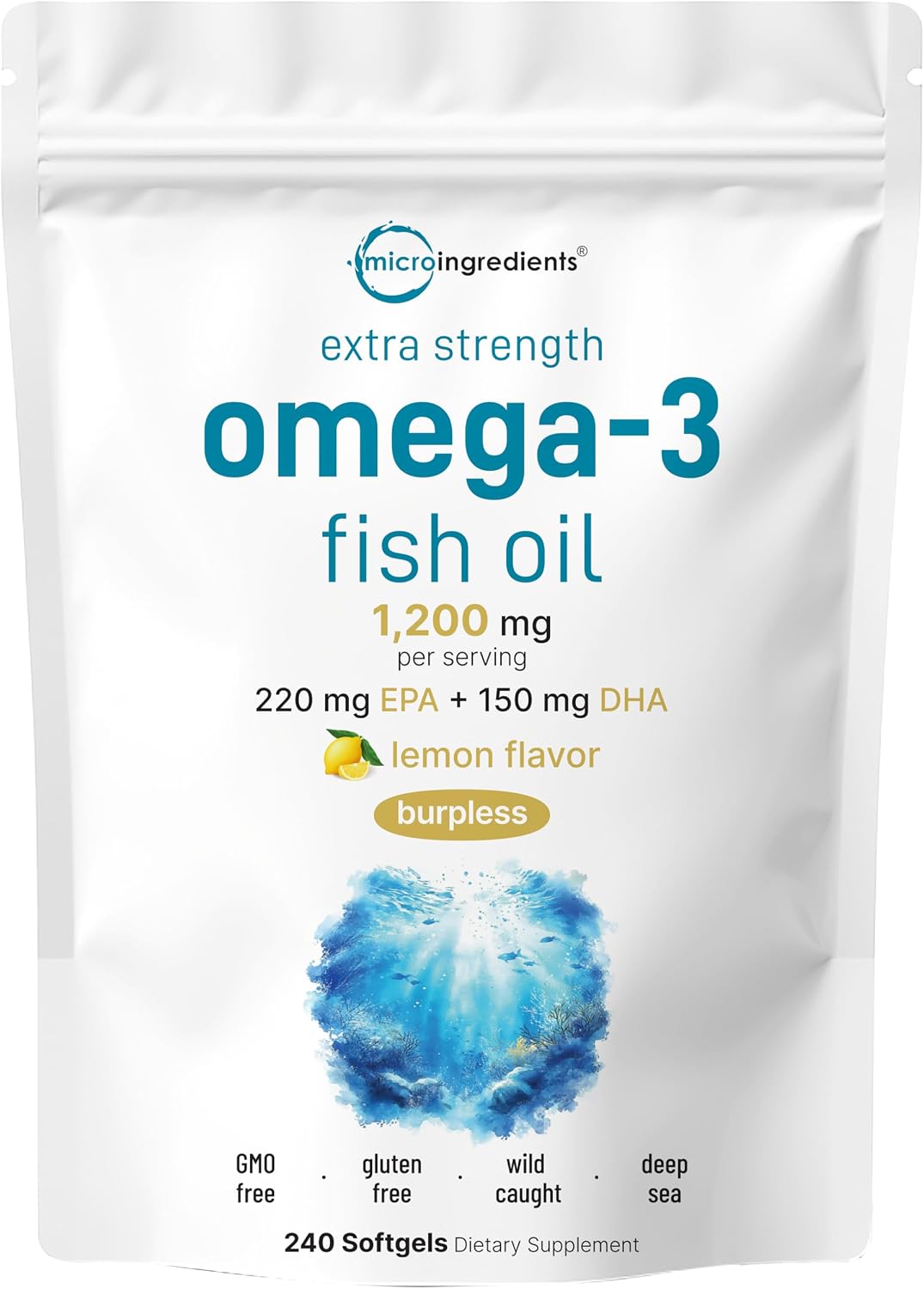 Micro Ingredients omega 3 fish oil front view pouch packaging
