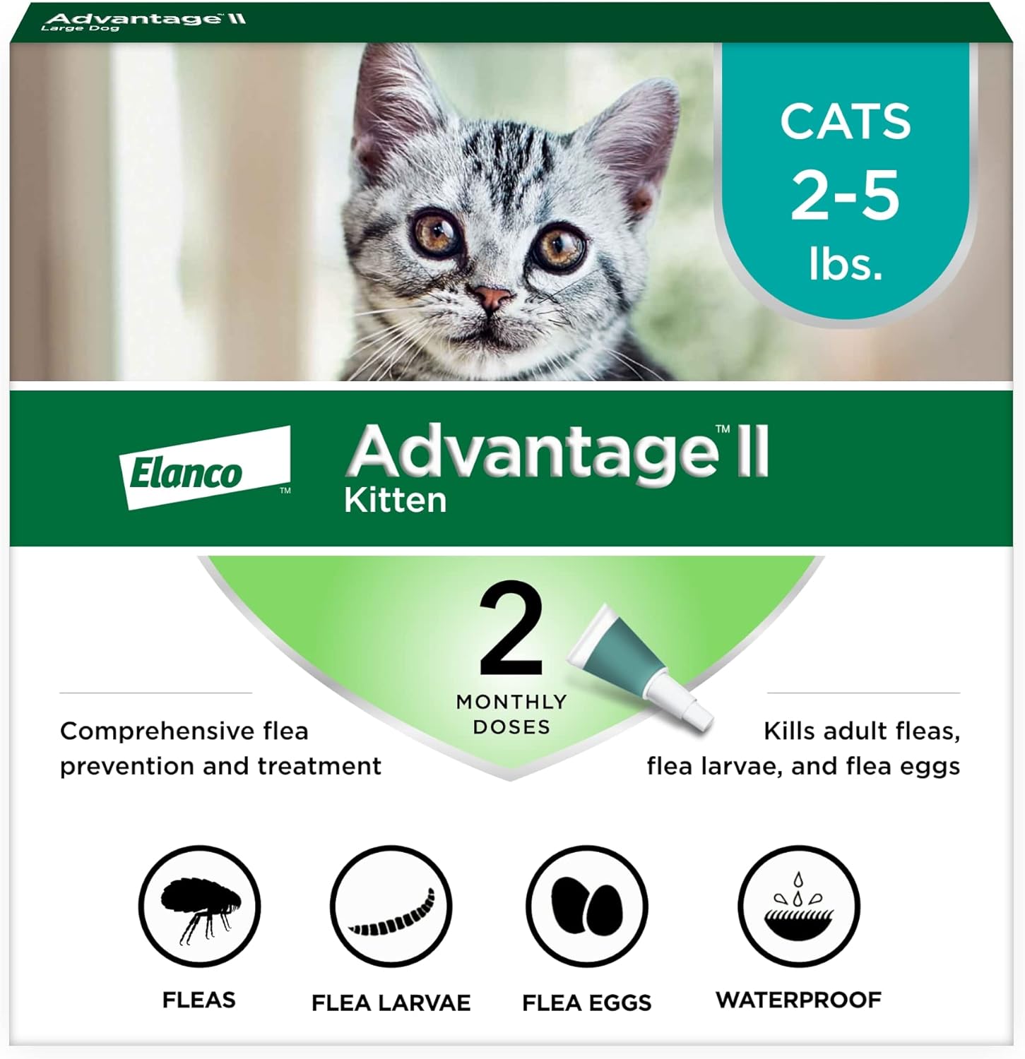 Advantage II Kitten Flea Treatment front view packaging showcasing the two month supply for small cats.