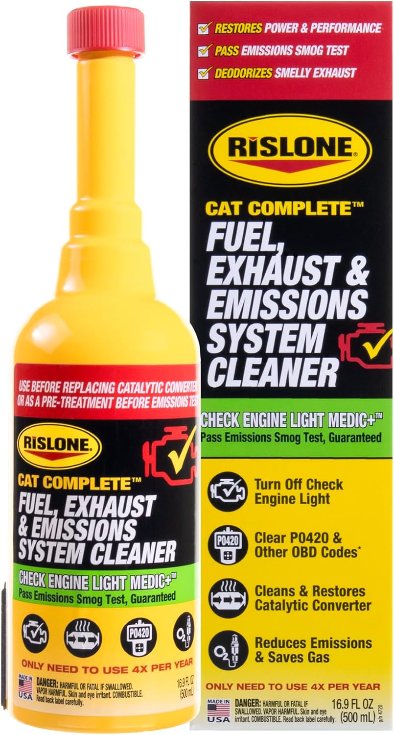 Rislone Cat Complete Fuel Exhaust and Emissions System Cleaner front view bottle for catalytic converter maintenance