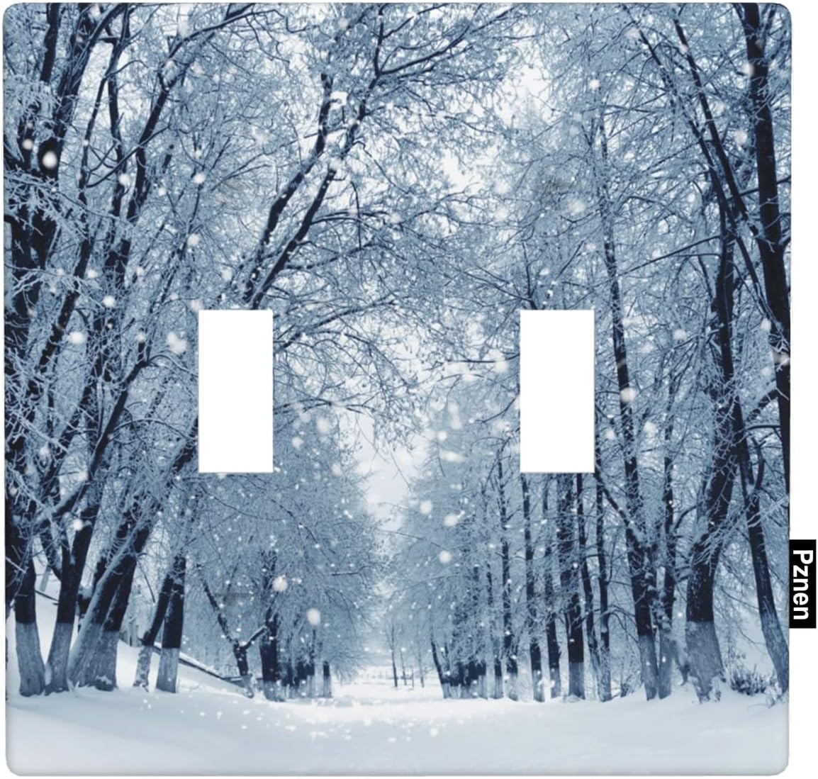 Pznen Winter Wonderland double toggle light switch cover front view showing snow covered forest landscape decor.