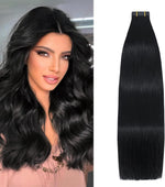 Aison jet black tape in human hair extensions front view