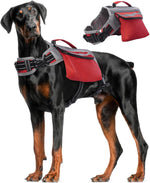 DENTRUN dog hiking backpack red and grey front view on a medium breed dog