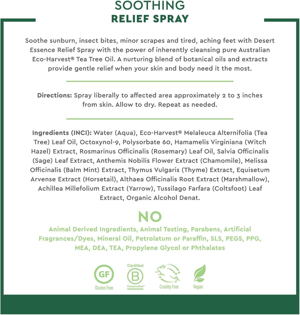 Desert Essence Relief Spray ingredients and back label details