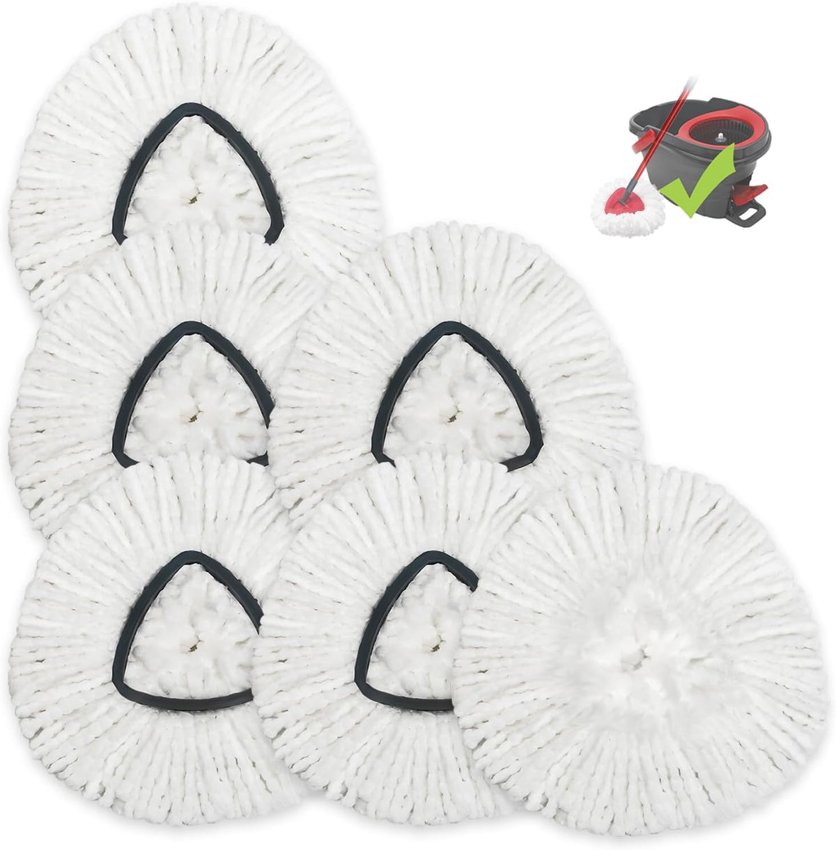 Clean Pioneer microfiber spin mop replacement heads six pack front view showcasing the white absorbent strands.
