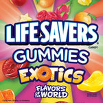 Close up of five different exotic fruit flavored Life Savers gummies