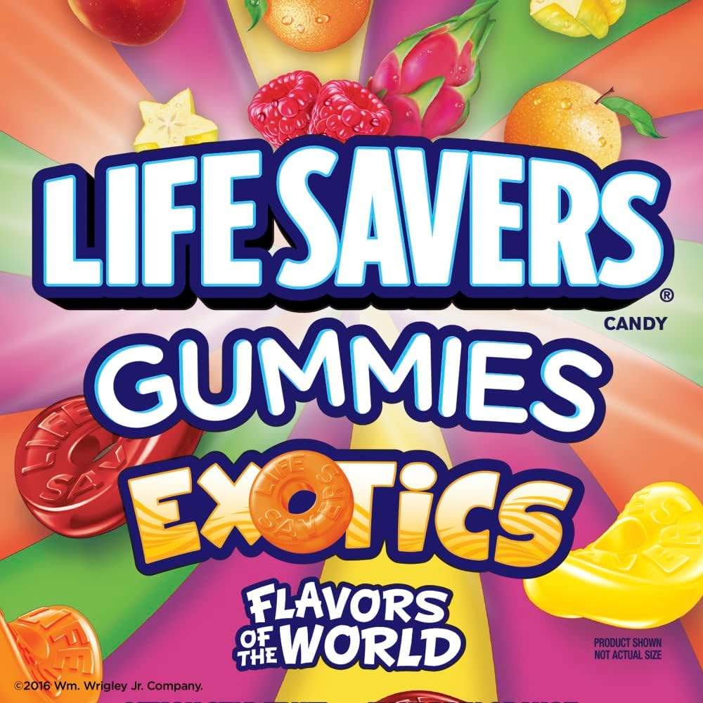 Close up of five different exotic fruit flavored Life Savers gummies