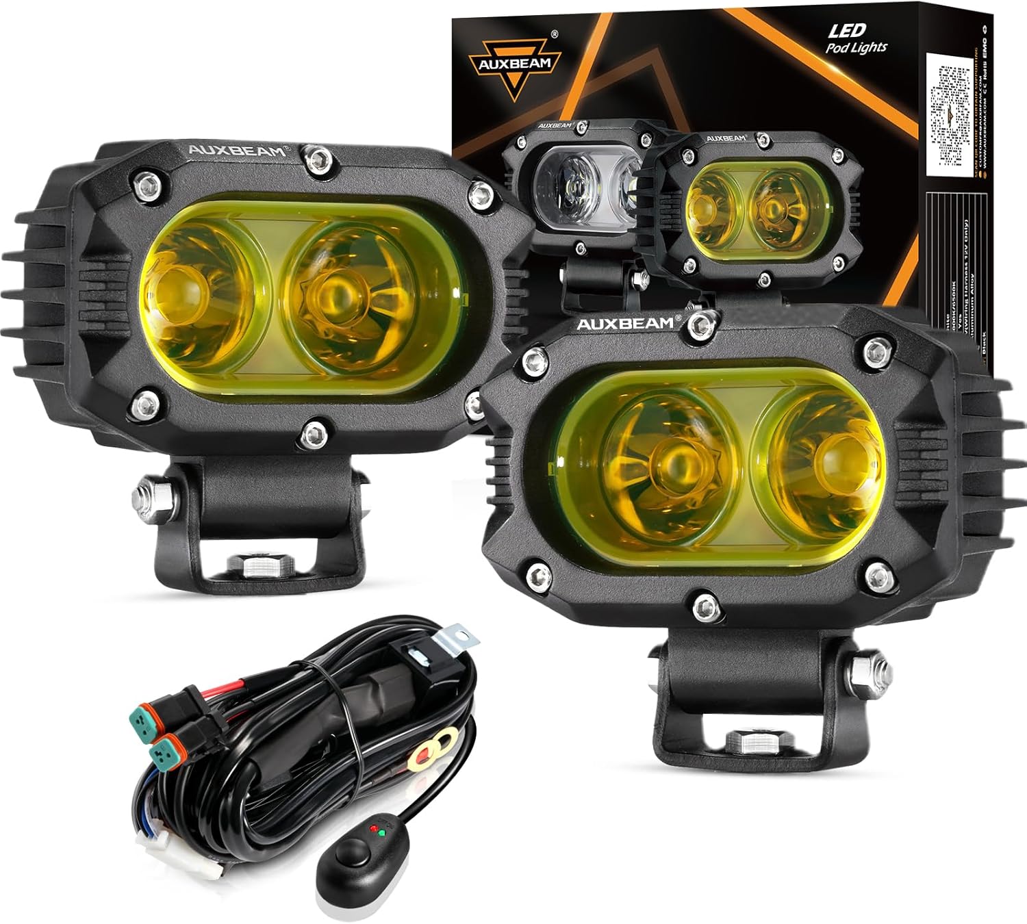 Auxbeam 4 Inch LED Amber Pod Light, 60W Driving Yellow Flood Beam Square Pod Fog Lights with DT Wiring Harness for Motorbike SUV ATV Truck Jeep Boat Tractor Forklift (2 Pcs) - Image 1